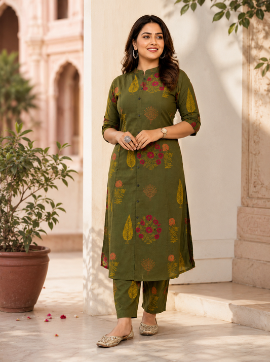 Premium Olive Green Floral Print Pure Cotton Co-Ord Set for Women | A-Line Kurti & Ankle-Length Palazzo