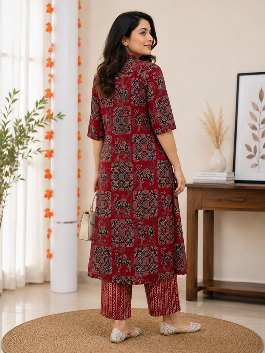 Premium Maroon Ajrakh Print Pure Cotton Co-Ord Set for Women | A-Line Kurti & Palazzo Set