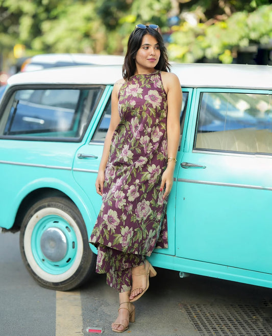 Premium Purple Floral Print Pure Cotton Sleeveless Co-Ord Set for Women | A-Line Kurti & Ankle-Length Palazzo