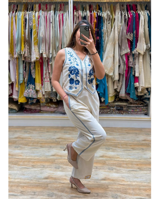 Premium Cream Blue Embroidered Cotton Flex Co-Ord Set for Women | Sleeveless V-Neck Top & Straight Pants