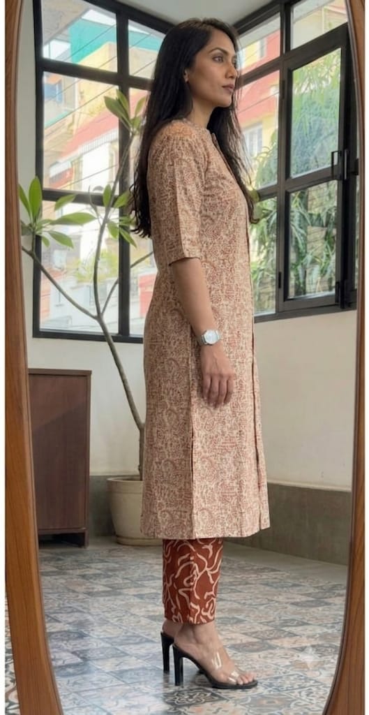 Premium Ivory & Rust Tribal Print Pure Cotton Co-Ord Set for Women | A-Line Kurti & Palazzo Set