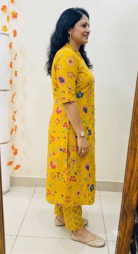 Premium Mustard Floral Print Pure Cotton Co-Ord Set for Women | A-Line Kurti & Palazzo Set