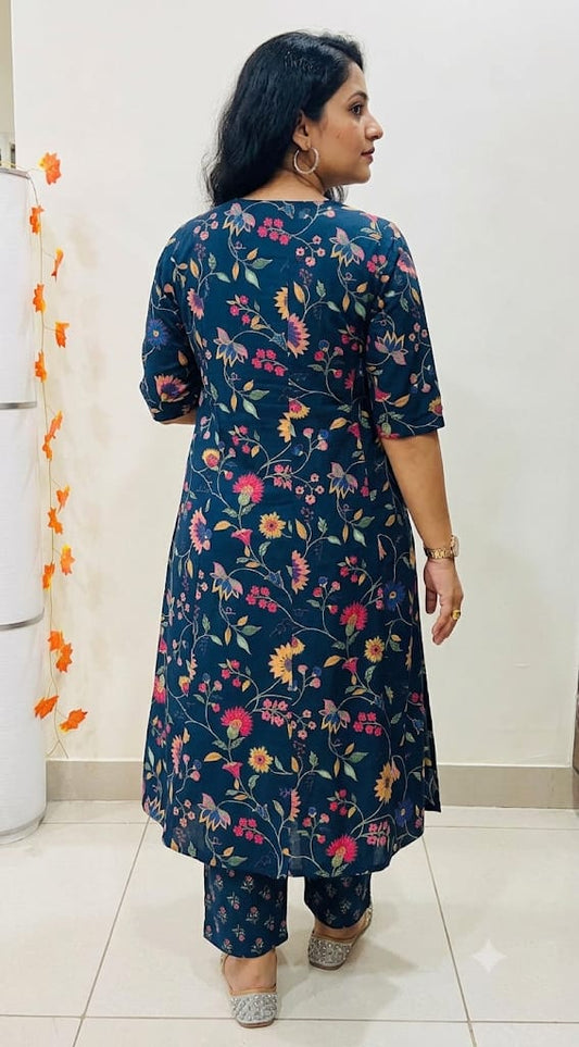 Premium Navy Blue Floral Print Pure Cotton Co-Ord Set for Women | A-Line Kurti & Palazzo Set