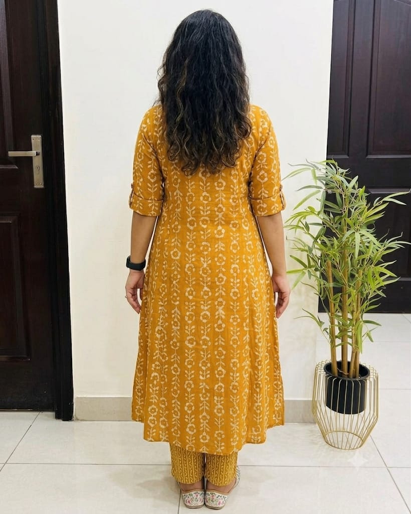 Premium Mustard Floral Print Pure Cotton Co-Ord Set for Women | A-Line Kurti & Palazzo Set