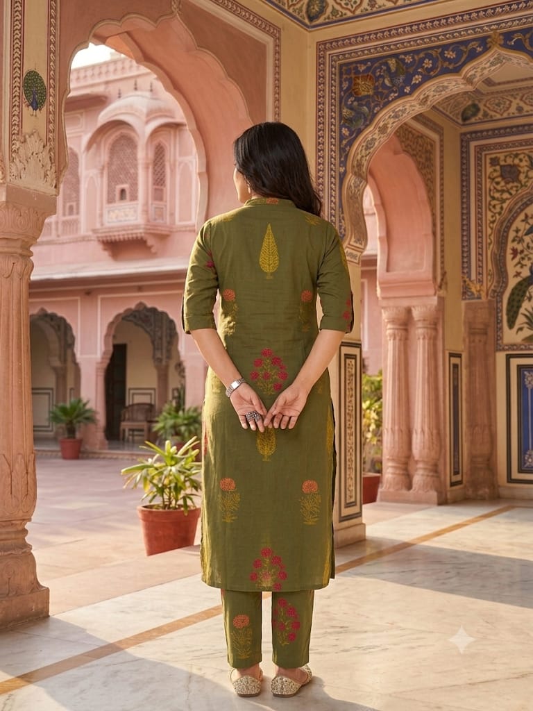 Premium Olive Green Floral Print Pure Cotton Co-Ord Set for Women | A-Line Kurti & Ankle-Length Palazzo