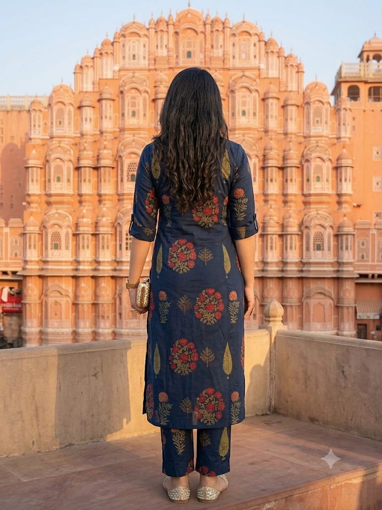 Premium Navy Blue Floral Print Pure Cotton Co-Ord Set for Women | A-Line Kurti & Ankle-Length Palazzo