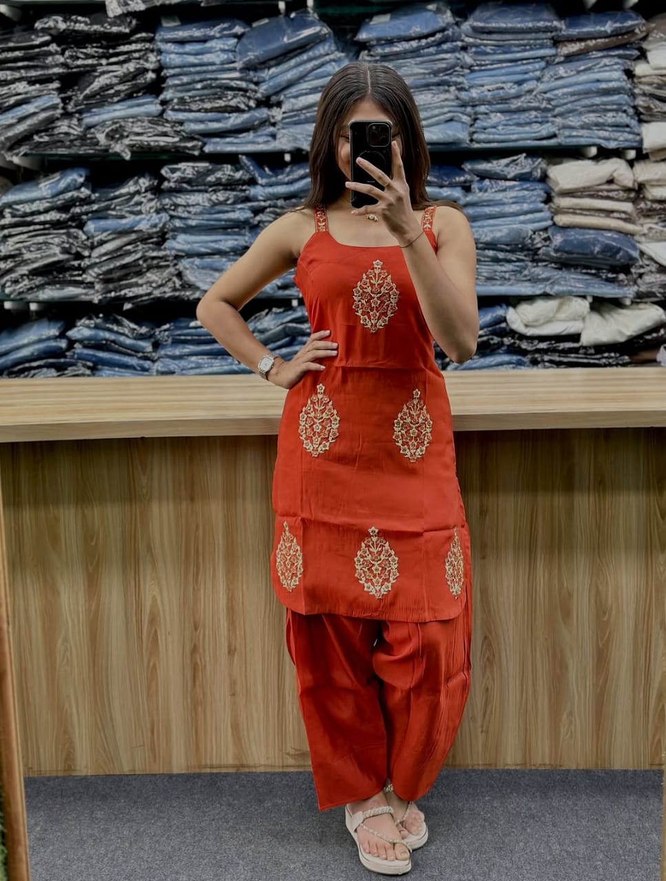 Women’s Rust Embroidered Farshi Salwar Dupatta Set | Premium Cotton 3-Piece Ethnic Suit