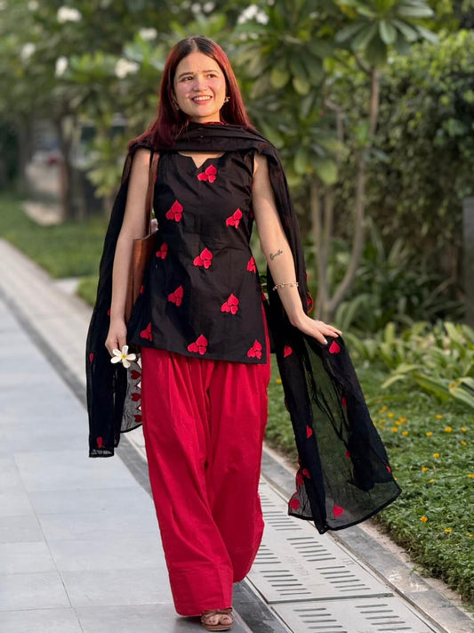 Women’s Black & Red Mul Cotton Farshi Salwar Dupatta Set | Heart Embroidery Kurti with Cutwork Dupatta | 3-Piece Suit