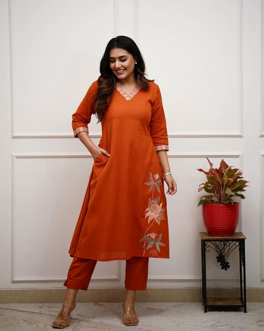 Premium Cotton 60×60 Embroidered Kurta Pant Set with Pockets – Office & Daily Wear
