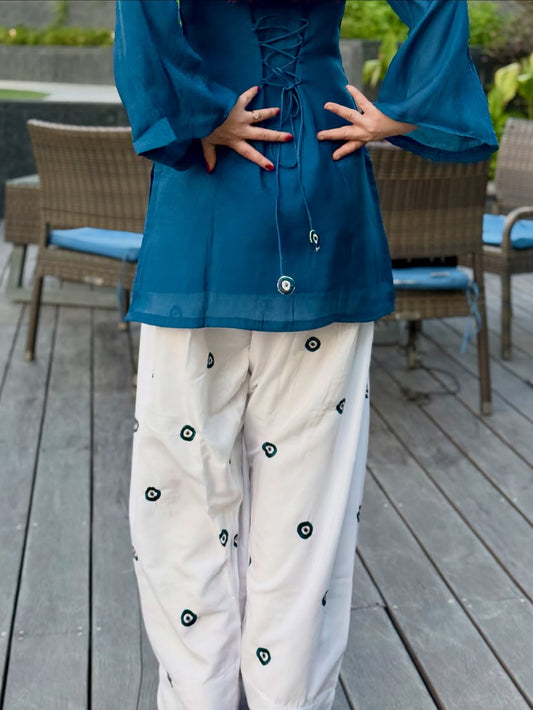 Women’s Teal Blue & Off-White Cotton Farshi Salwar Set | Evil Eye Embroidered Kurti with Dori Detailing