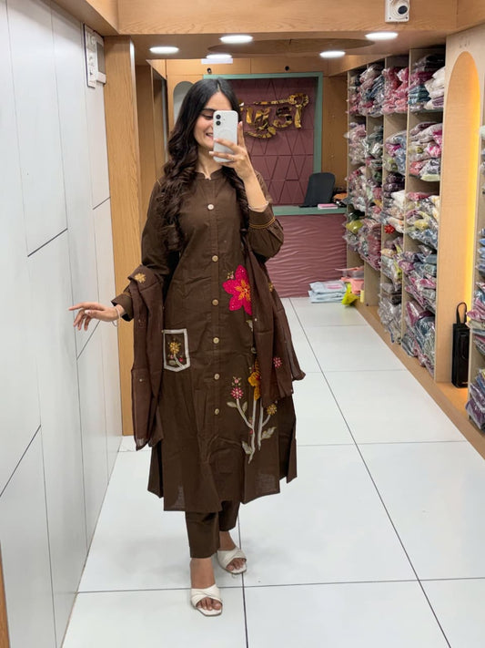 Women’s Premium Cotton Flex Embroidered Kurti Pant Dupatta Set | Elegant Summer Ethnic Wear