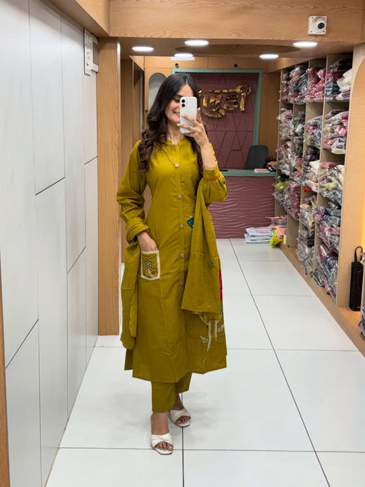 Women’s Premium Cotton Flex Embroidered Kurti Pant Dupatta Set | Elegant Summer Ethnic Wear