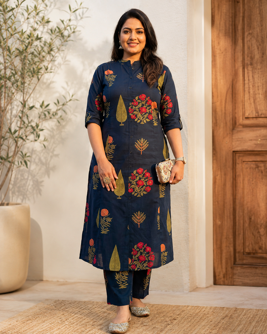 Premium Navy Blue Floral Print Pure Cotton Co-Ord Set for Women | A-Line Kurti & Ankle-Length Palazzo