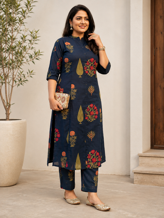 Premium Navy Blue Floral Print Pure Cotton Co-Ord Set for Women | A-Line Kurti & Ankle-Length Palazzo