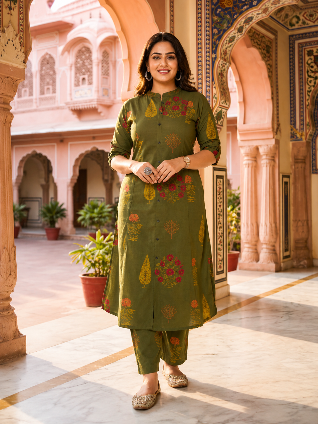 Premium Olive Green Floral Print Pure Cotton Co-Ord Set for Women | A-Line Kurti & Ankle-Length Palazzo