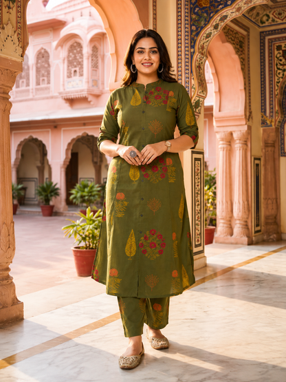 Premium Olive Green Floral Print Pure Cotton Co-Ord Set for Women | A-Line Kurti & Ankle-Length Palazzo