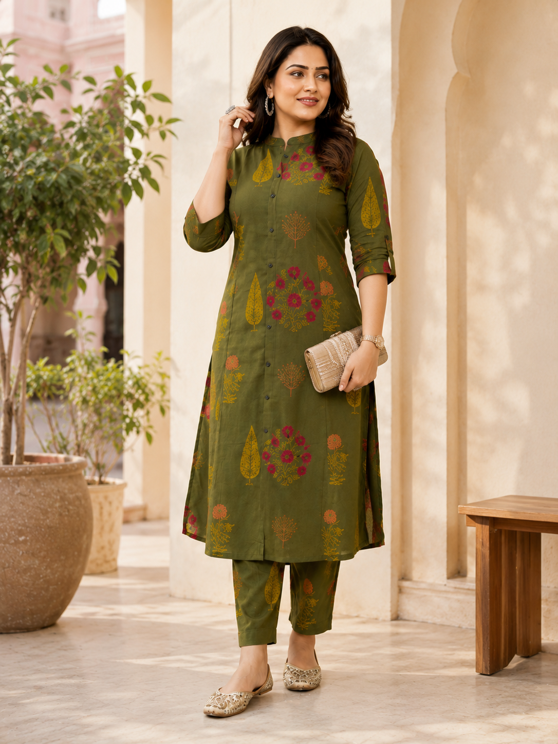 Premium Olive Green Floral Print Pure Cotton Co-Ord Set for Women | A-Line Kurti & Ankle-Length Palazzo