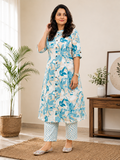 Premium Blue Leaf Print Pure Cotton Co-Ord Set for Women | A-Line Kurti & Palazzo Set