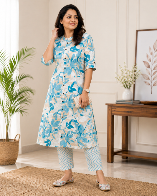 Premium Blue Leaf Print Pure Cotton Co-Ord Set for Women | A-Line Kurti & Palazzo Set