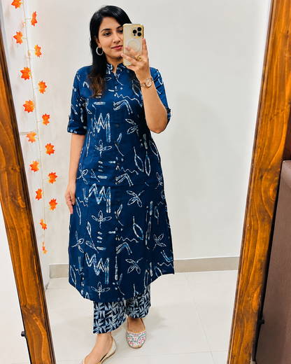 Premium Navy Blue Abstract Print Pure Cotton Co-Ord Set for Women | A-Line Kurti & Palazzo Set
