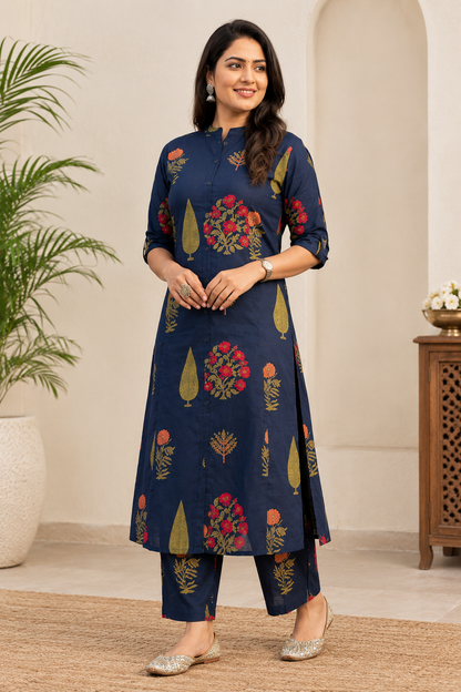 Premium Navy Blue Floral Print Pure Cotton Co-Ord Set for Women | A-Line Kurti & Ankle-Length Palazzo