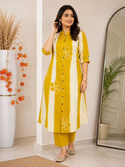 Premium Mustard Floral Print Pure Cotton Co-Ord Set for Women | A-Line Kurti & Palazzo Set