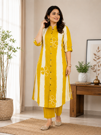 Premium Mustard Floral Print Pure Cotton Co-Ord Set for Women | A-Line Kurti & Palazzo Set