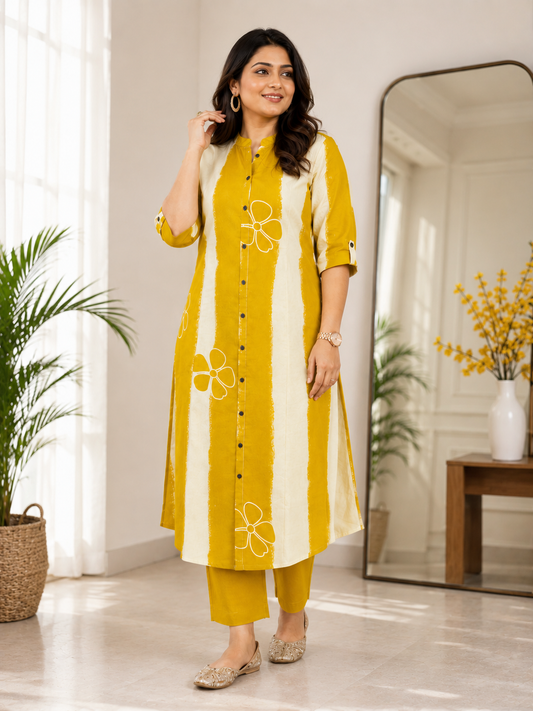 Premium Mustard Floral Print Pure Cotton Co-Ord Set for Women | A-Line Kurti & Palazzo Set