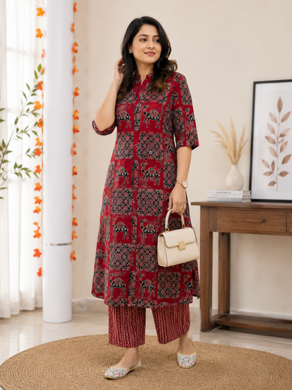 Premium Maroon Ajrakh Print Pure Cotton Co-Ord Set for Women | A-Line Kurti & Palazzo Set