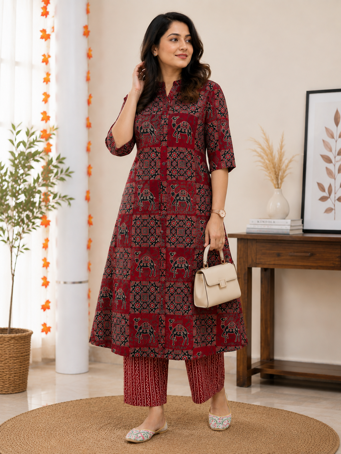Premium Maroon Ajrakh Print Pure Cotton Co-Ord Set for Women | A-Line Kurti & Palazzo Set