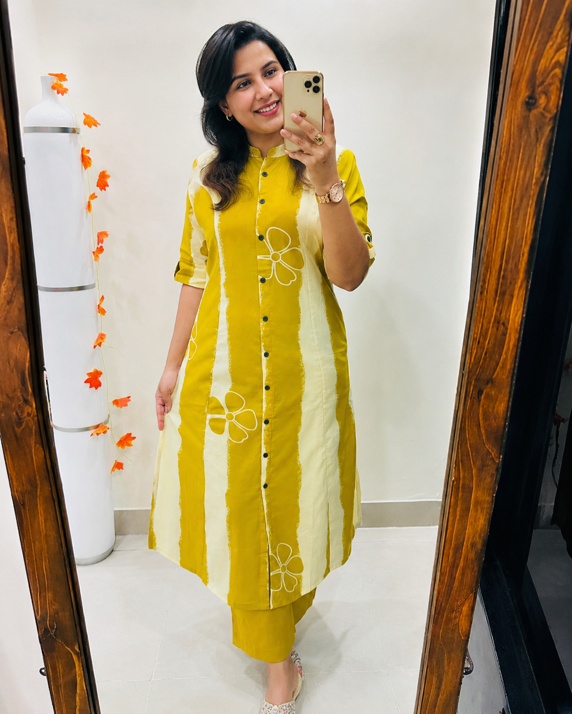 Premium Mustard Floral Print Pure Cotton Co-Ord Set for Women | A-Line Kurti & Palazzo Set