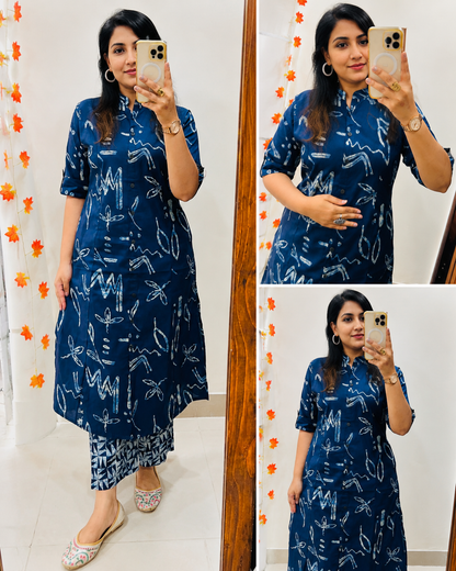 Premium Navy Blue Abstract Print Pure Cotton Co-Ord Set for Women | A-Line Kurti & Palazzo Set