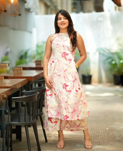 Premium Pink Abstract Floral Print Pure Cotton Sleeveless Co-Ord Set for Women | A-Line Kurti & Ankle-Length Palazzo