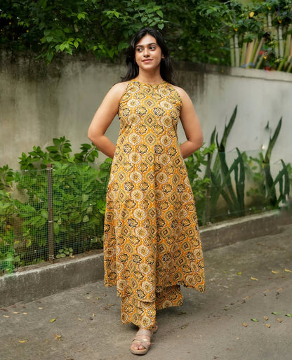 Premium Mustard Yellow Printed Pure Cotton Co-Ord Set for Women | A-Line Kurti & Palazzo Set