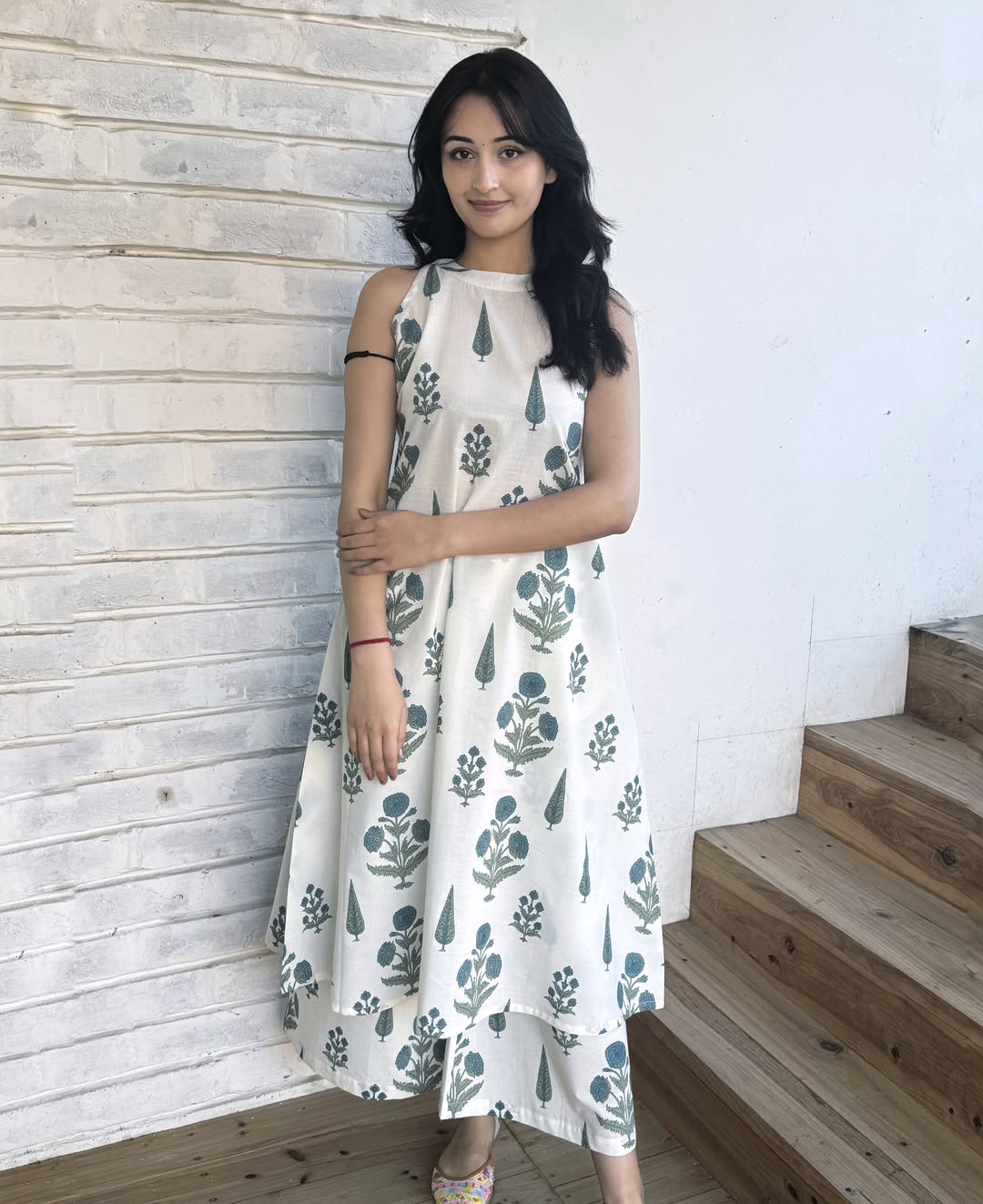 Premium White & Sage Green Botanical Print Pure Cotton Sleeveless Co-Ord Set for Women | A-Line Kurti & Ankle-Length Palazzo
