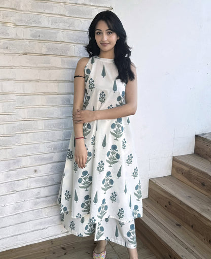 Premium White & Sage Green Botanical Print Pure Cotton Sleeveless Co-Ord Set for Women | A-Line Kurti & Ankle-Length Palazzo