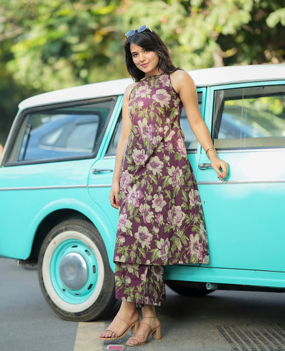 Premium Purple Floral Print Pure Cotton Sleeveless Co-Ord Set for Women | A-Line Kurti & Ankle-Length Palazzo