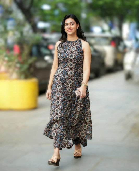 Premium Black Ethnic Print Pure Cotton Sleeveless Co-Ord Set for Women | A-Line Kurti & Ankle-Length Palazzo