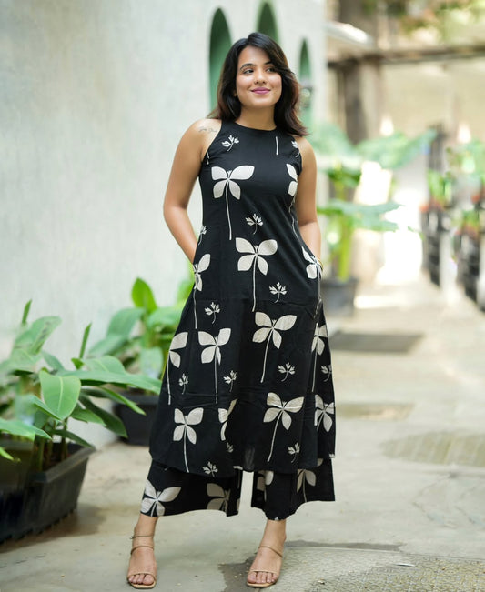 Premium Black & White Floral Print Pure Cotton Sleeveless Co-Ord Set for Women | A-Line Kurti & Ankle-Length Palazzo