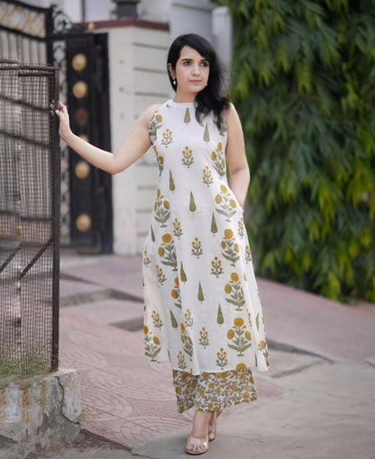 Premium Off White Green Botanical Print Pure Cotton Sleeveless Co-Ord Set for Women | A-Line Kurti & Ankle-Length Palazzo