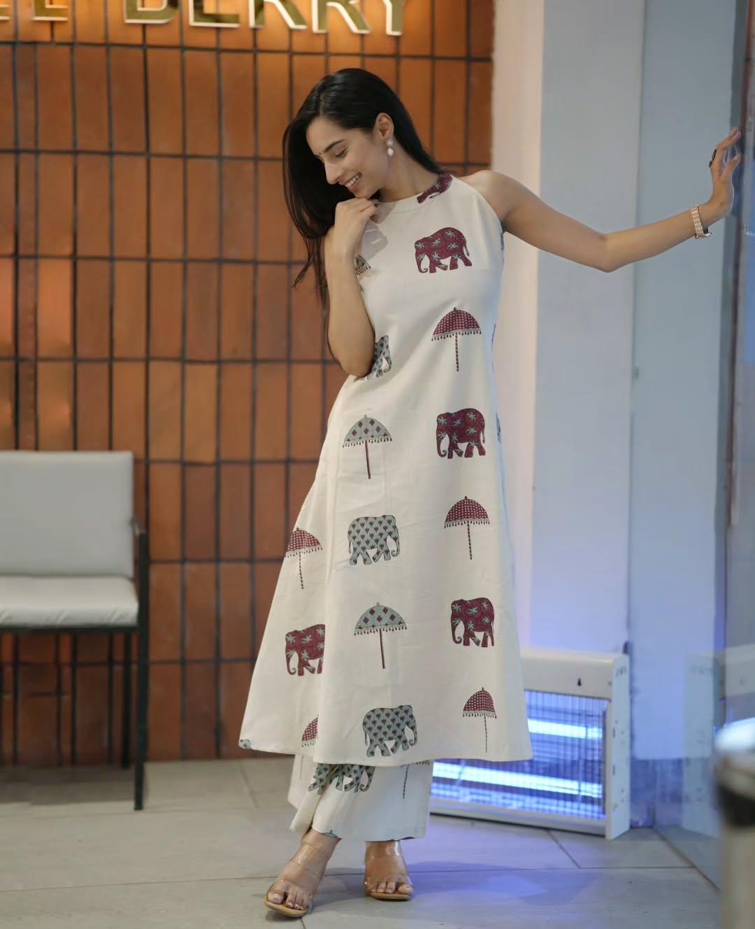 Premium White Elephant Print Pure Cotton Co-Ord Set for Women | Sleeveless A-Line Kurti & Palazzo