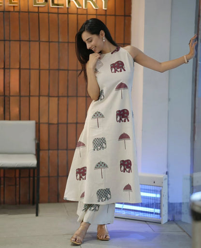 Premium White Elephant Print Pure Cotton Co-Ord Set for Women | Sleeveless A-Line Kurti & Palazzo