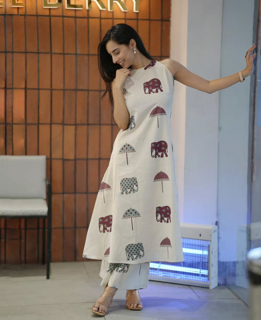 Premium White Elephant Print Pure Cotton Co-Ord Set for Women | Sleeveless A-Line Kurti & Palazzo