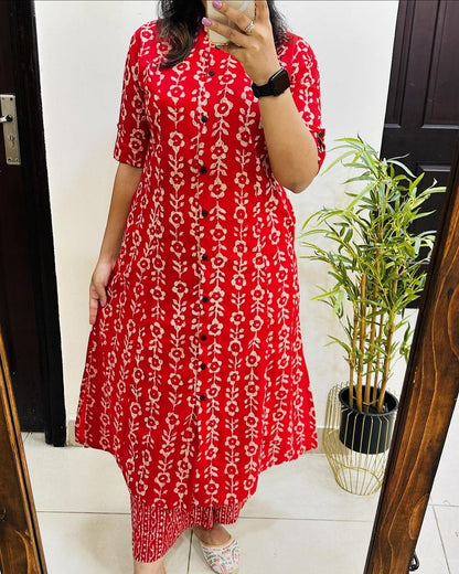 Premium Red Floral Print Pure Cotton Co-Ord Set for Women | A-Line Kurti & Palazzo Set