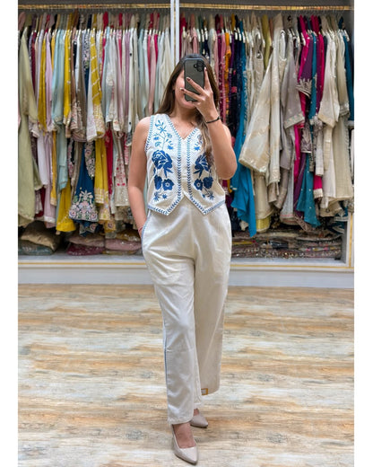 Premium Cream Blue Embroidered Cotton Flex Co-Ord Set for Women | Sleeveless V-Neck Top & Straight Pants