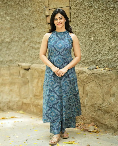 Premium Steel Blue Ethnic Print Pure Cotton Co-Ord Set for Women | A-Line Kurti & Palazzo Set