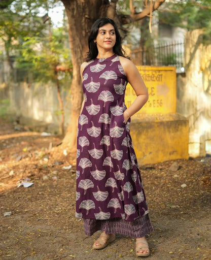 Premium Plum Leaf Print Pure Cotton Co-Ord Set for Women | A-Line Kurti & Palazzo Set
