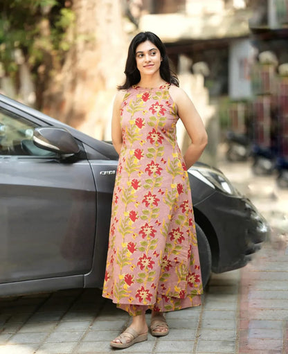 Premium Dusty Pink Floral Print Pure Cotton Co-Ord Set for Women | A-Line Kurti & Palazzo Set