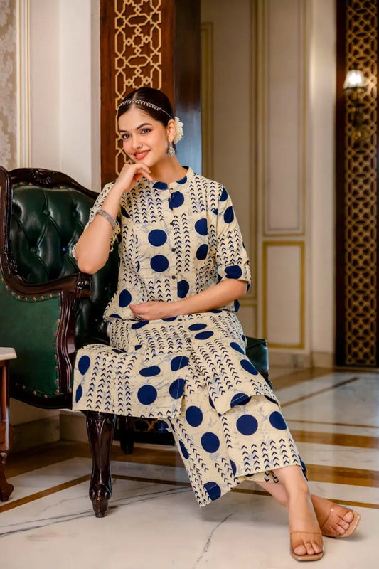 Classic Navy Dot Printed Straight Co-Ord Set
