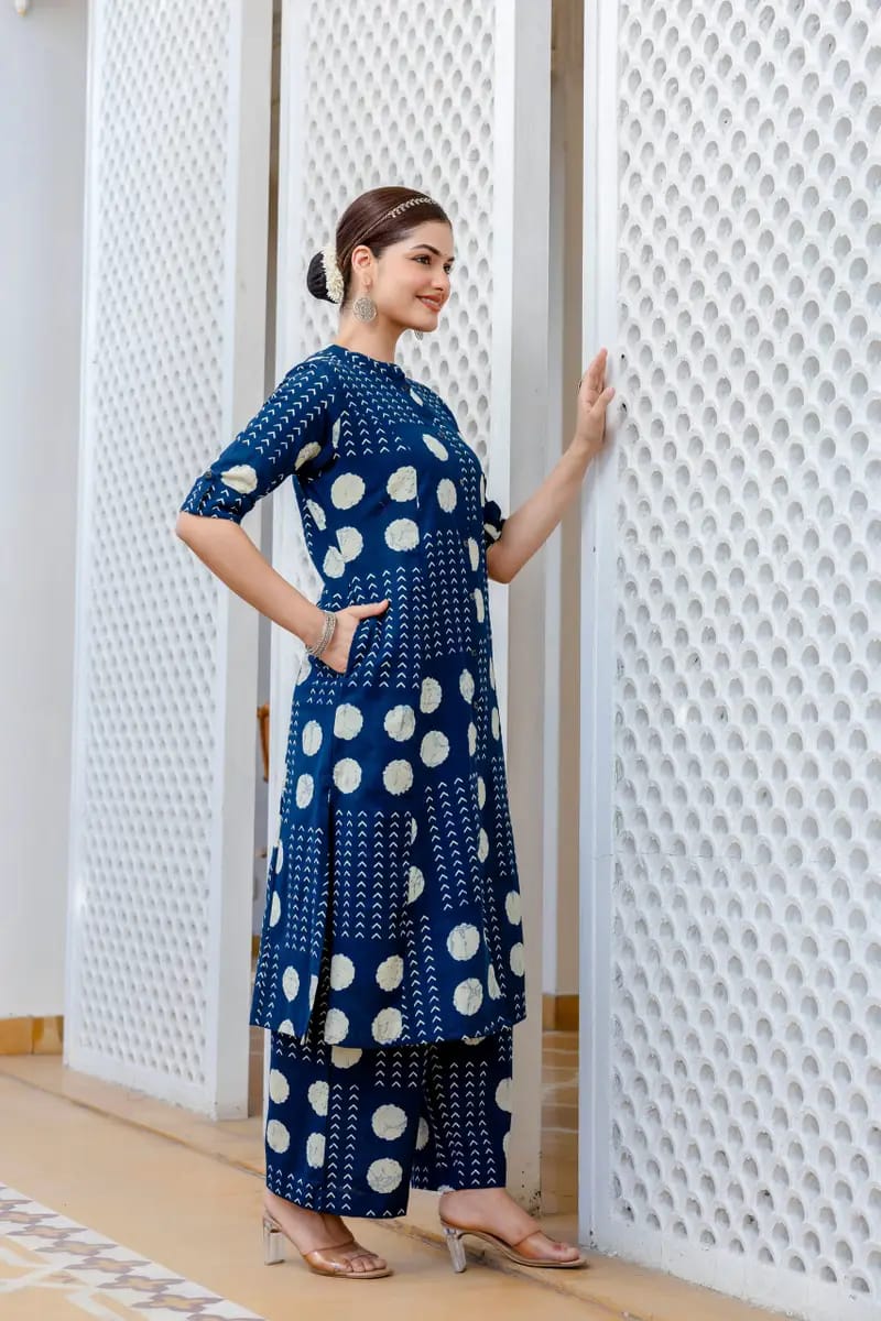 Navy Blue Polka Print Cotton Co-Ord Set